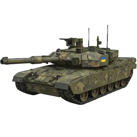 Player-generated Ukrainian main battle tank with pixel camouflage and blue-and-yellow flag